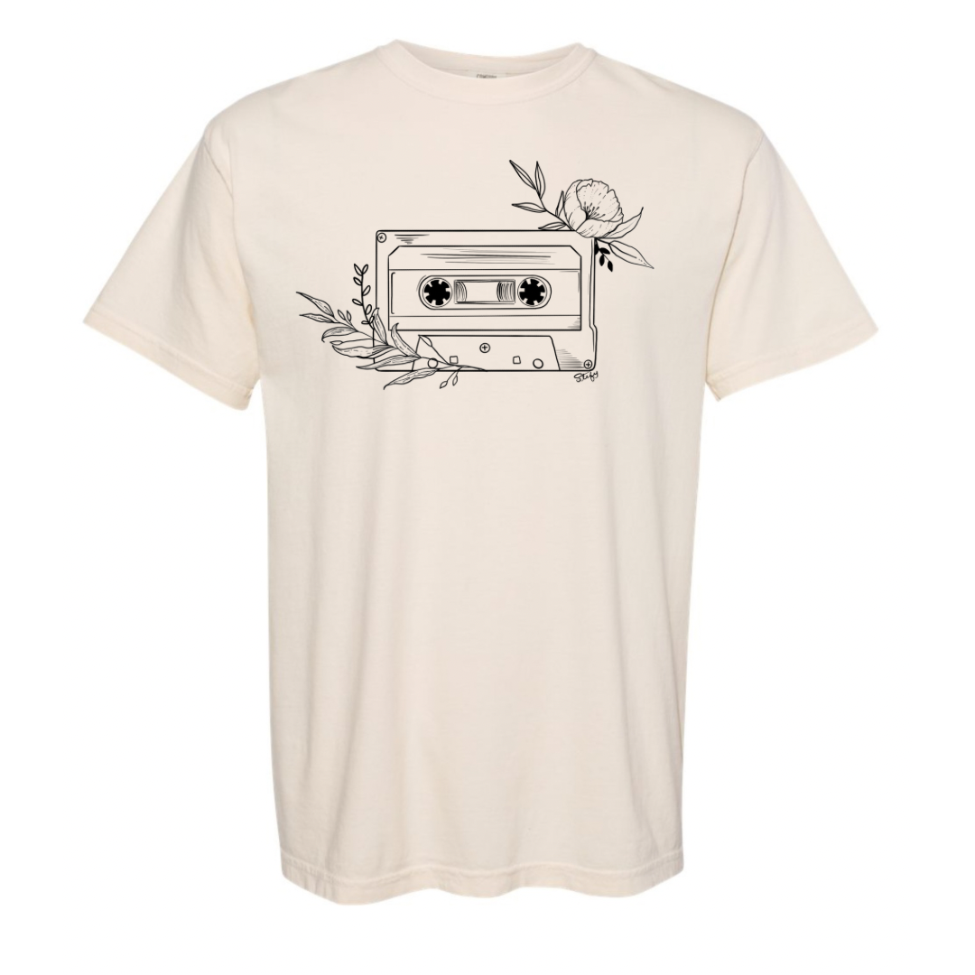 T-shirt Stefy cassette vintage et feuillages noir