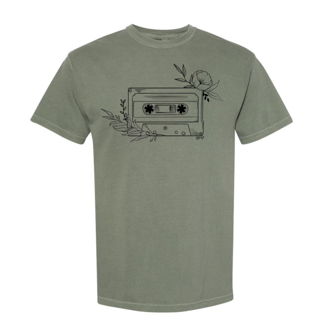 T-shirt Stefy cassette vintage et feuillages noir